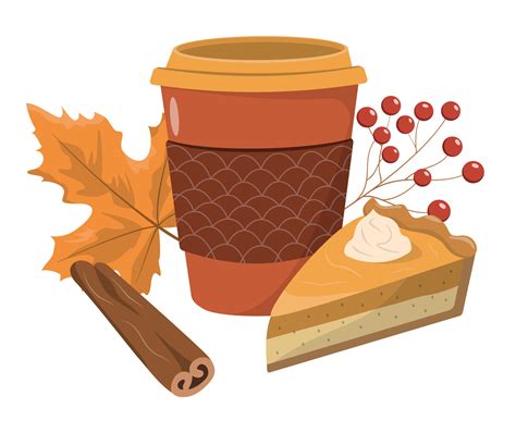 Autumn coffee cup with pumpkin pie, cinnamon stick, and autumn leaf
