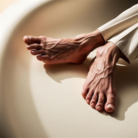 A mans bare feet in a bathtub with a white background | Premium AI