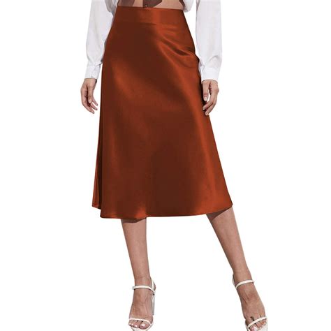 BYHONG Satin Skirts for Women Midi High Waist Solid Satin Dress Zipper