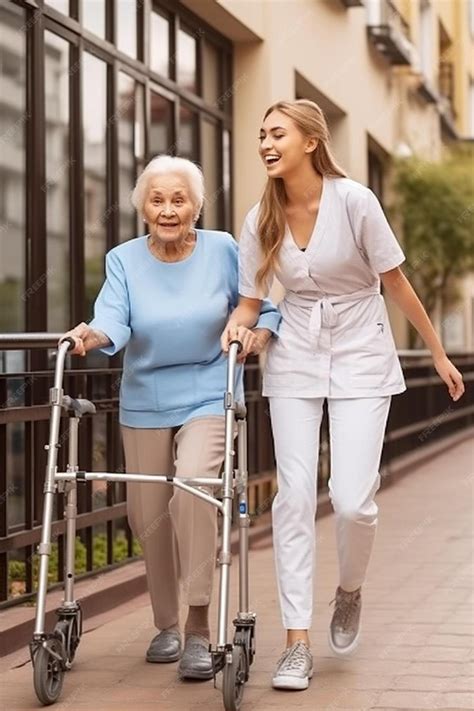 Premium Photo | Lovely nurse helping old woman to walk at nursing home