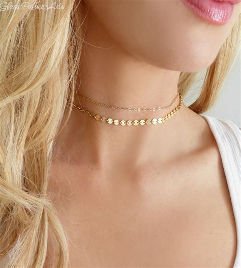 gold choker necklace  women layered short double etsy