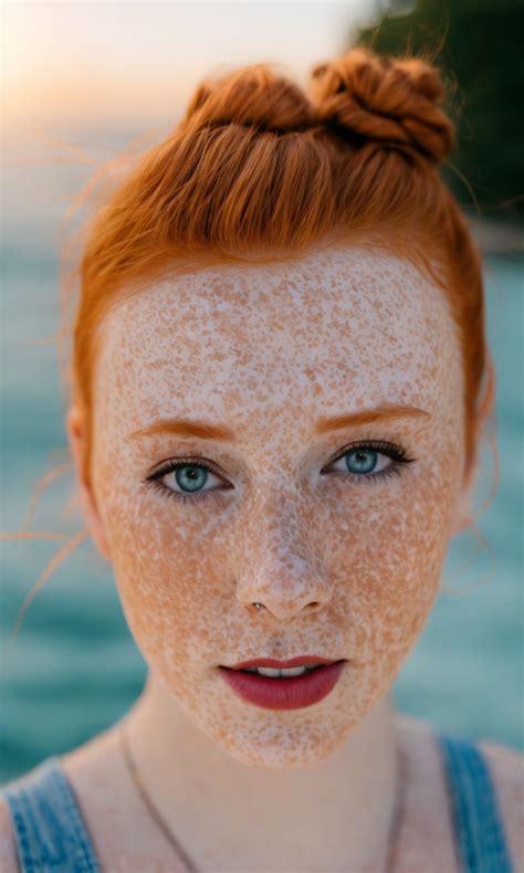 a woman with freckled hair and blue eyes looks at the camera while