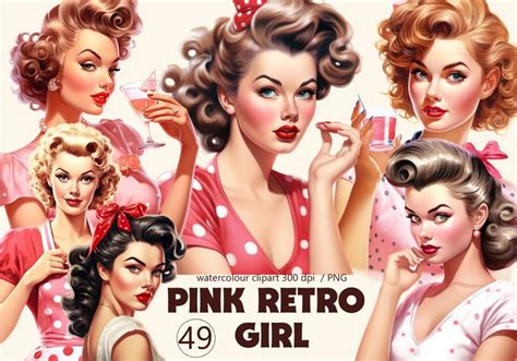 Pink Retro Girl Watercolor Clipart Digital Print, Woman With 50s ...