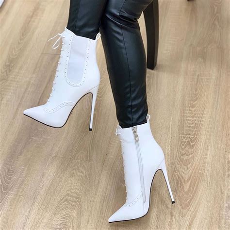 White Lace Up Boots Stiletto Heel Pointy Toe Ankle Boots|FSJshoes