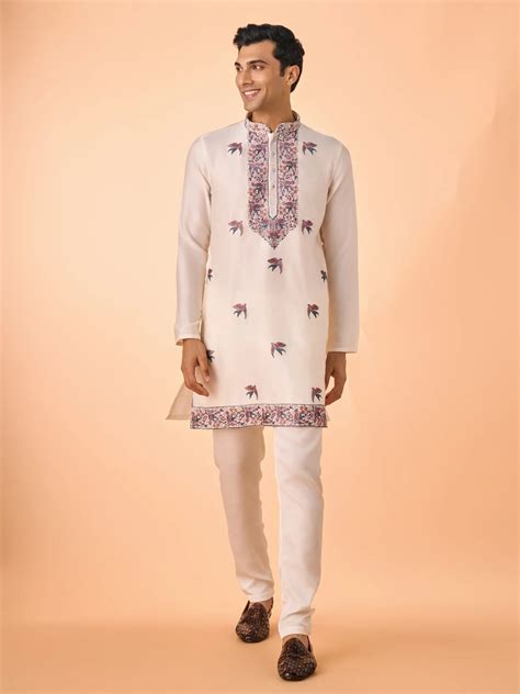 buy cream satin glory kurta pajama   india  manyavar kurta