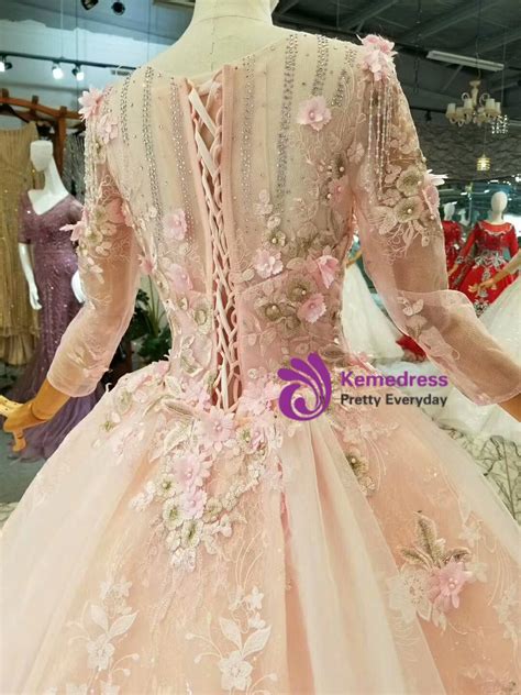 Pink Princess Ball Gown Tulle Appliques 3/4 Sleeve Wedding Dress