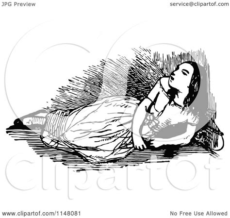 Clipart of a Retro Vintage Black and White Girl Resting - Royalty Free ...