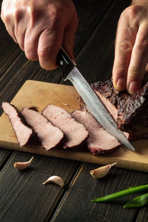 Slicing Baked Beef Meat before Preparing Dinner with the Chef Hands ...