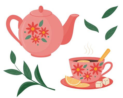 Tea set - teapot, cup with hot tea, lemonade and sugar. Drawing of