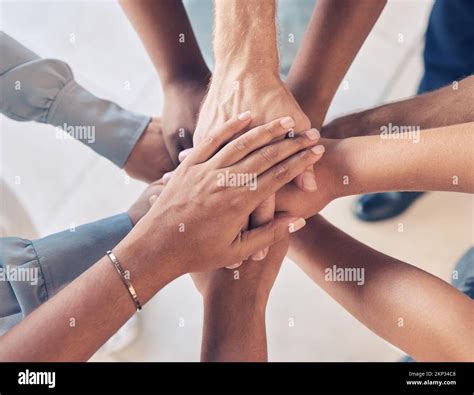 Teamwork, hands together and team building of business people with ...