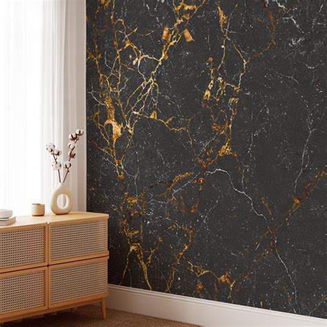 Black With Gold and White Marble Texture Wallpaper, Gold Cracks on ...