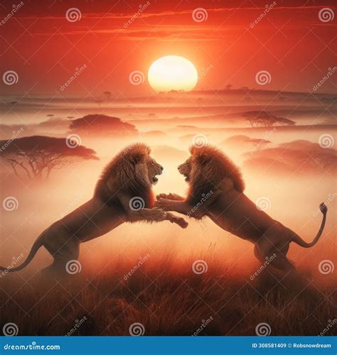 Dos Leones Machos Peleando Al Amanecer En La Sabana Stock de