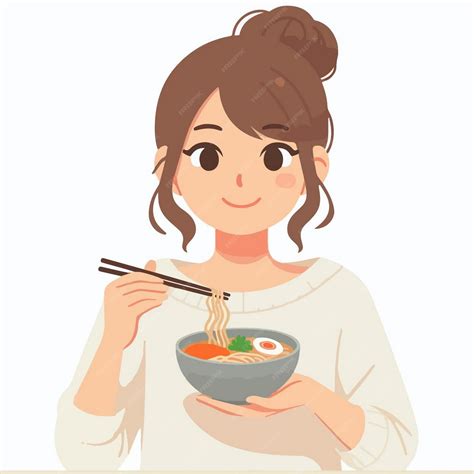Una mujer está comiendo un plato de sopa con palillos | Vector Premium