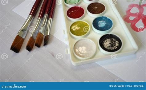 Watercolor Paints and Brushes, Artist Equipment Lay on White Table at ...