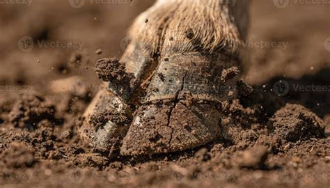 close   horse hoof kicking  mud  ground  stock photo