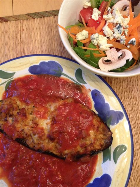 Voila! Dinner is served (sausage stuffed eggplant and salad) Stuffed ...
