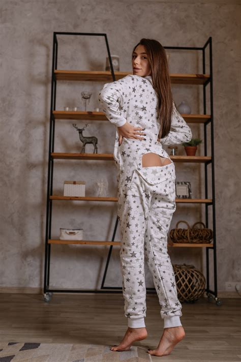 Woman Cute Butt Flap Pajamas Jumpsuit Cutout Sweetjama Flannel "stars