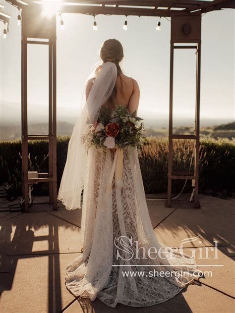 Luxury Strips Lace A-Line Wedding Dress Backless Bohemian Wedding Gown