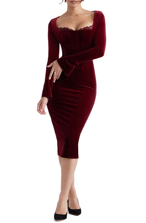 HOUSE OF CB Solaine Lace Trim Long Sleeve Velvet Midi Dress | Nordstrom