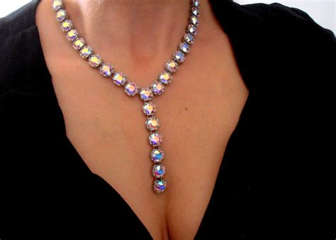 Wedding Necklace | Aurora Borealis Crystal Y Necklace | Bridal Jewelry