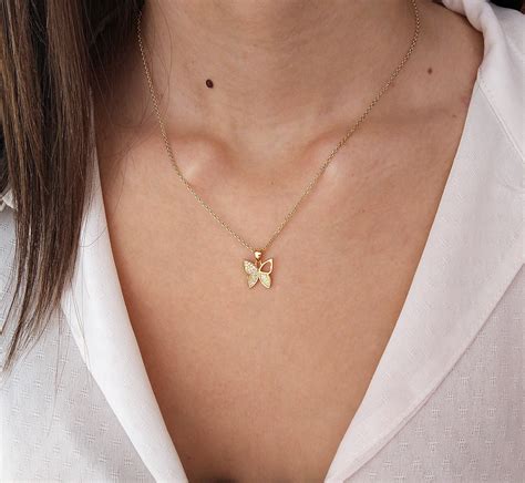 Butterfly Gold Necklace Butterfly and Cubic Zirconia | Etsy