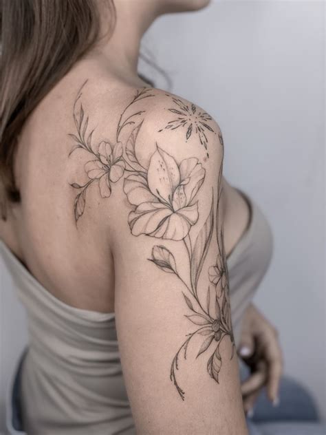 Alstroemeria, cherry blossoms, blueberry twig tattoo 🍒🫐 | Tattoo paris