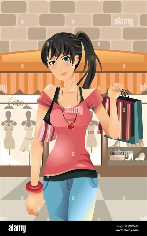 A vector illustration of a shopping woman at the shopping mall Stock ...