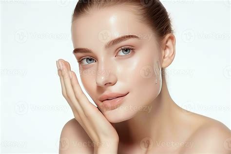 beautiful woman is touching her face with hands looking healthy and ...