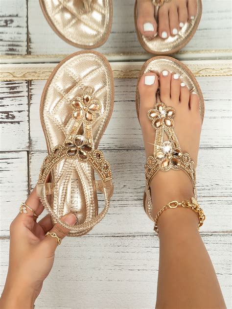 Metallic Rhinestone Decor Thong Sandals | Strap sandals women