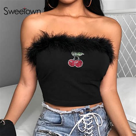 Sweetown Kawaii, летние женские топы, бриллиантовый Вишневый принт ...