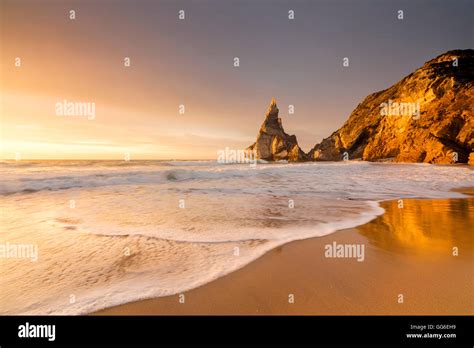 golden reflections   cliffs  praia da ursa beach bathed  ocean