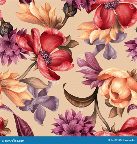 seamless floral pattern wild red purple flowers botanical