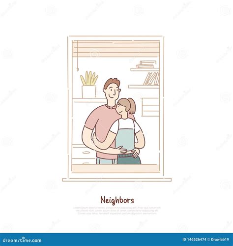 Neighbors in Window Frame, Couple Hugging, Man and Woman, Father with