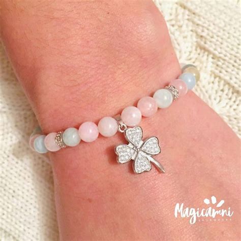 Нежный браслет из берилла и розового кварца с клевером | Jewelry ...