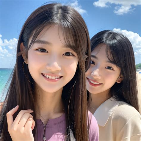 Two young girls standing on a beach with a blue sky in the background