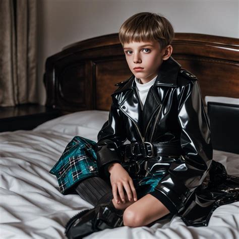 a preteen boy wearing his sisters shiny PVC black by m3ichael on DeviantArt