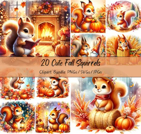 Cute Fall Squirrels Clipart Bundle, Watercolor Autumn Squirrel Clip Art