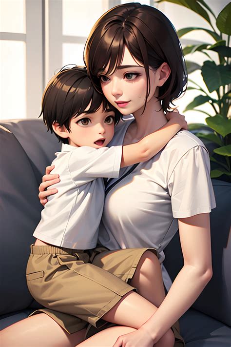 young boy nose pinches his mom, sitting on lap, mom dressed in white