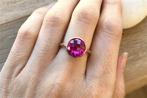 rose gold pink ring  pink quartz ring hot pink gemstone ring