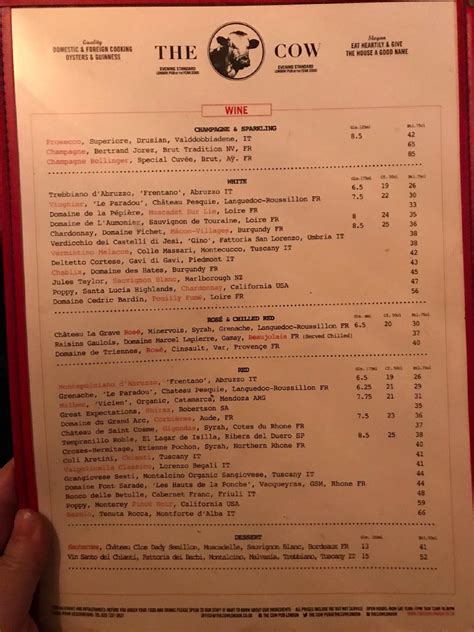 Menu at The Cow pub & bar, London, 89 Westbourne Park Rd