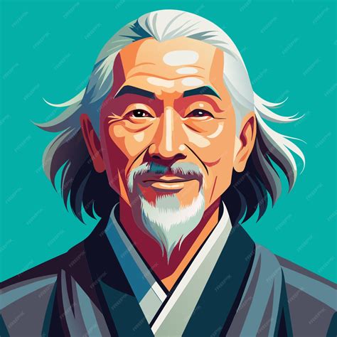 Realistic smiling japanese old man with long hair full length vector