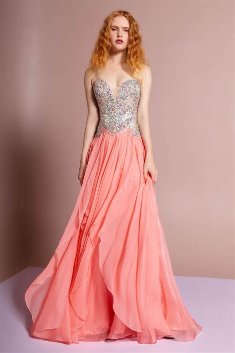 Coral Prom Formal Strapless Sweetheart Chiffon Long Dress | DressOutlet