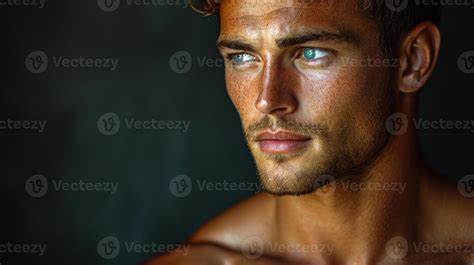 AI generated Sexy closeup portrait of handsome topless male model with