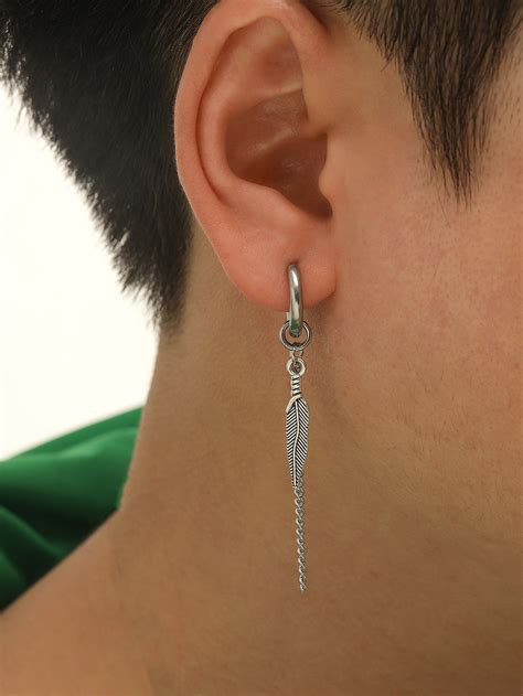 pc men feather chain decor drop earring men earrings drop