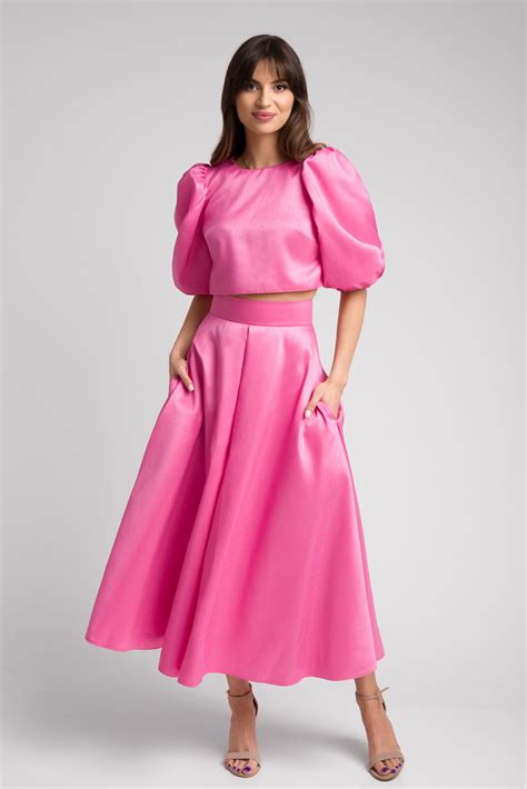 Różowy komplet spódnica długa 7/8 + krótki top z obszernym krótkim
