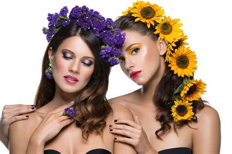 Two Girls With Flowers In Hair Stock Photo - Download Image Now - Adult ...