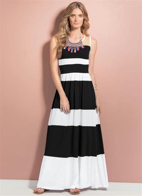 Vestido Preto E Branco Listrado - Vestido Longo Listrado Preto e Branco - Quintess