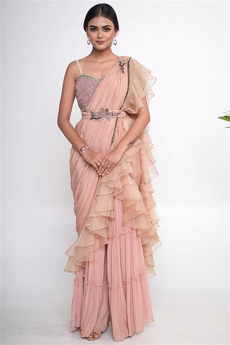 peach chiffon sharara saree set design  merge design  pernias pop