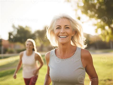 Active middle-aged women enjoying jogging. The concept of active life