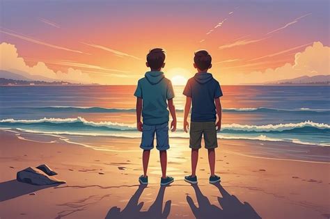 Premium Photo | Two brothers enjoying sunset view at the seaside ...